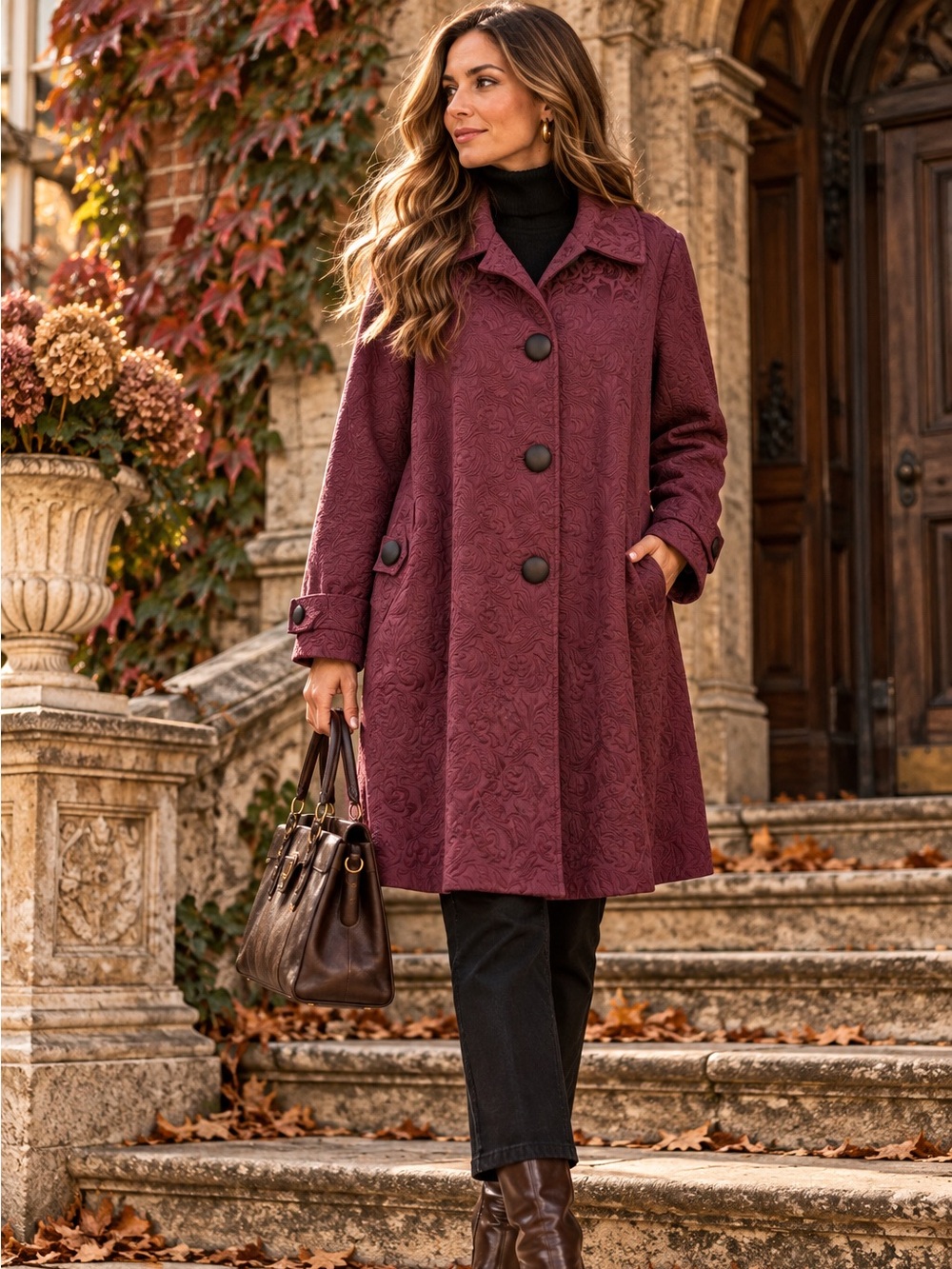 Apt. 9 Burgundy XL Floral Jacquard Coat Dark Academia English Country